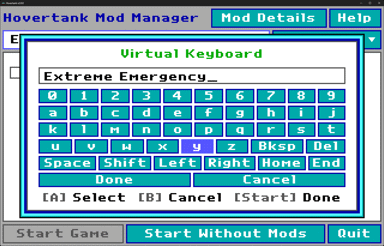 Screenshot of the Virtual Keyboard in the Hovertank Mod Manager Search