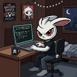 Illustration of Havoc's rabbit avatar coding at a computer